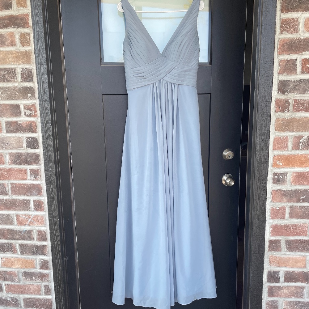 Dusty blue, floor length prom/ bridesmaid dress